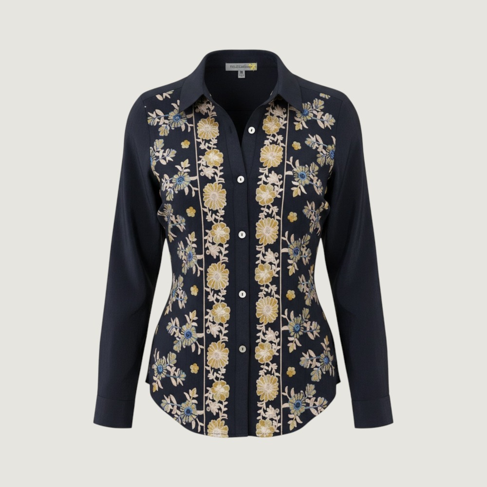 Figueroa & Flower Navy Blue Floral Embroidered Button Down Blouse Women's Medium